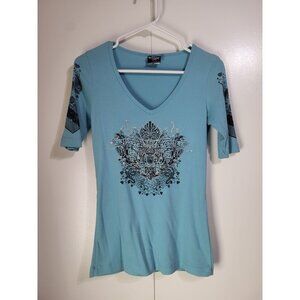 VTG 90's y2k Grunge Cyber Streetwear Blue Ribbed Top Embellished Sledge USA XL